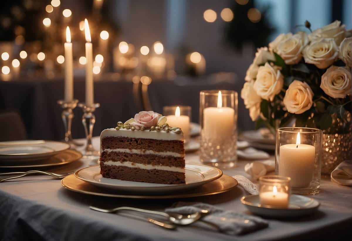 A romantic dinner table set with personalized anniversary decorations and a 26th anniversary cake surrounded by flowers and candles