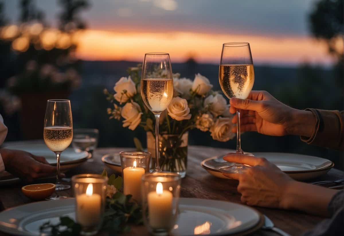 A couple's hands clasping over a candlelit dinner table, surrounded by flowers and champagne, with a picturesque sunset in the background
