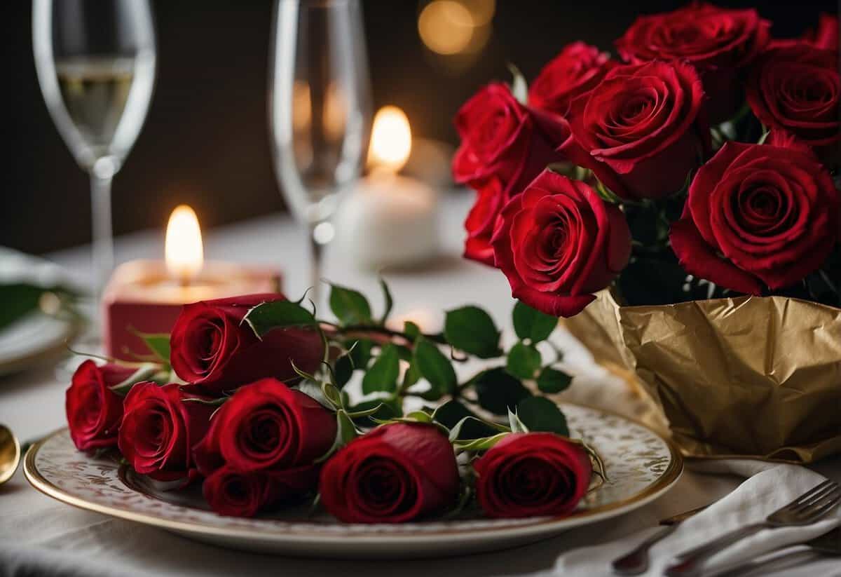 A table adorned with a bouquet of red roses, a bottle of champagne, and a beautifully wrapped gift box. A romantic candlelit dinner setting with elegant tableware completes the scene