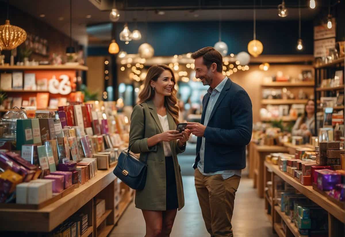 A couple browsing through a variety of gift options, surrounded by colorful displays and signs advertising special offers for 26th wedding anniversary celebrations