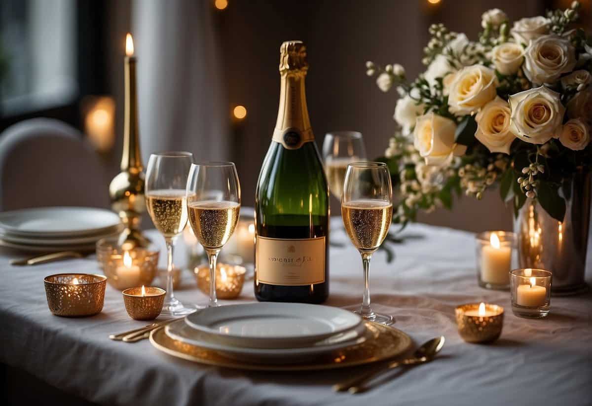 A table set with elegant dinnerware, surrounded by flickering candles and a bouquet of flowers. A bottle of champagne chilling in a bucket, with two champagne flutes ready to be filled