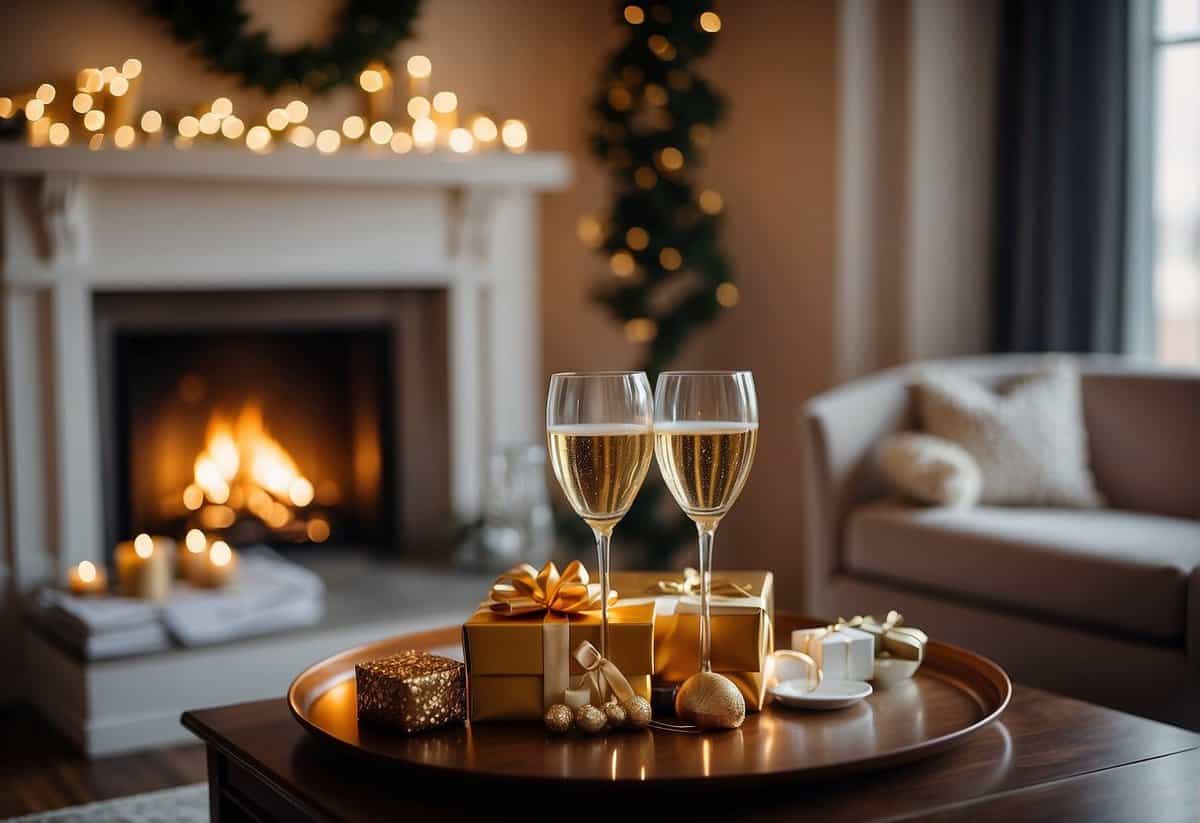 A cozy living room with a fireplace, two champagne glasses, and a beautifully wrapped gift box on a coffee table