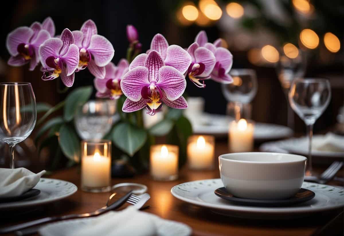 A table set with elegant orchid centerpieces, surrounded by soft candlelight and romantic ambiance