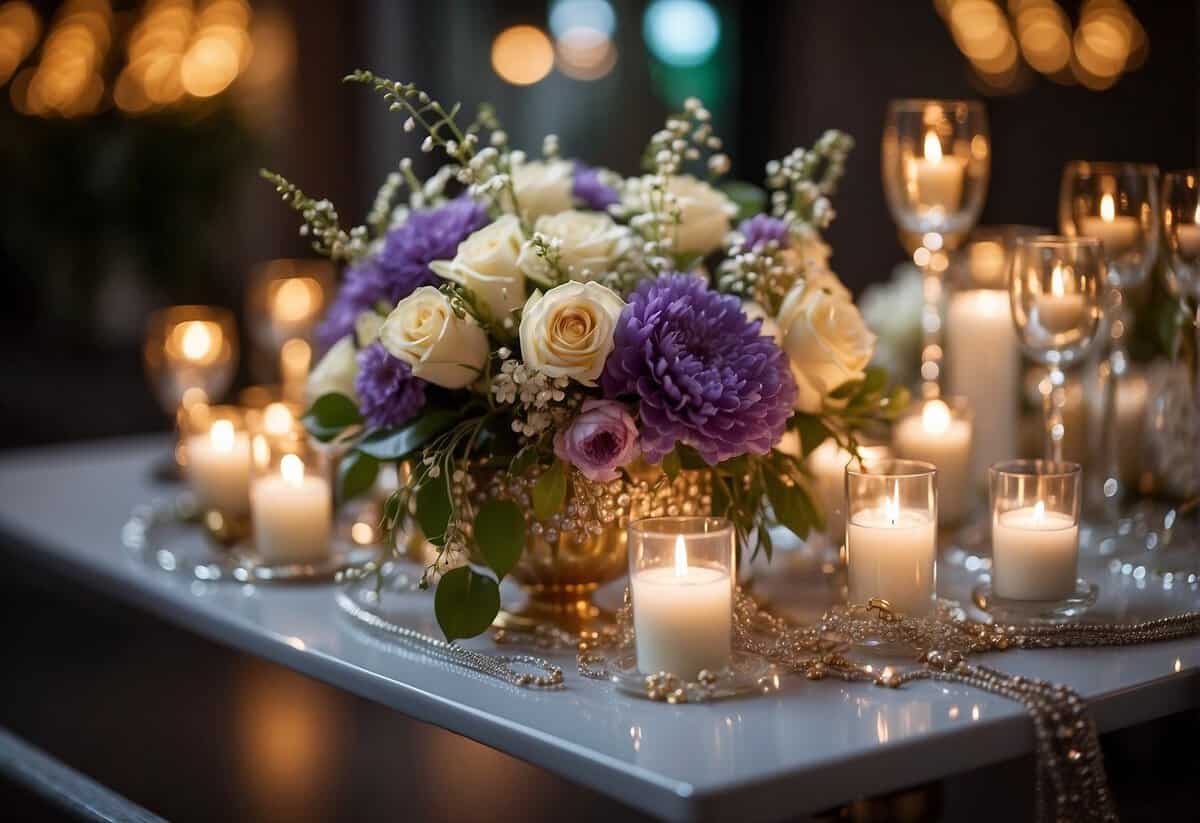 A table adorned with sparkling gemstone jewelry, surrounded by vibrant bouquets and candles, set against a backdrop of shimmering silver and gold accents