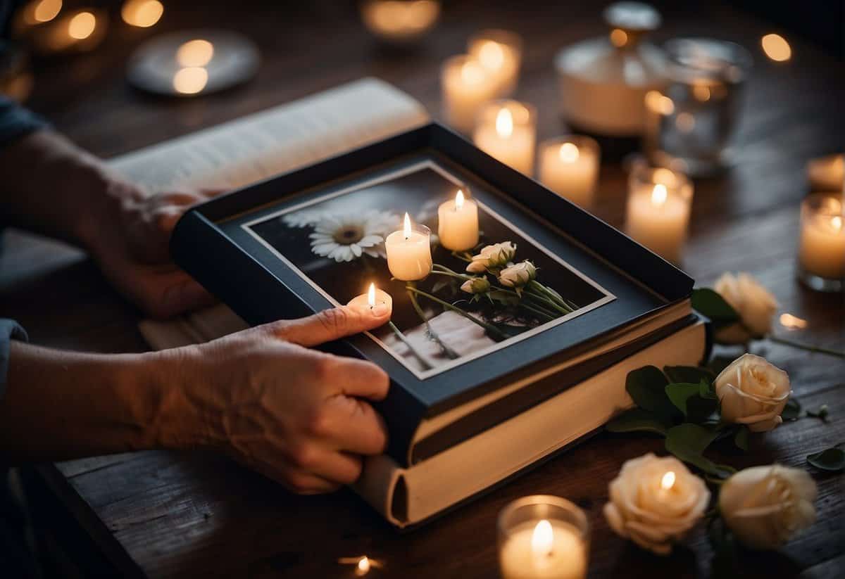 A couple's hands clasping a photo album filled with memories of their 28 years together, surrounded by candles and a bouquet of flowers