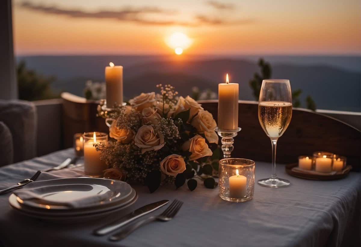 A couple's hands clasping over a romantic dinner table, surrounded by candles and a bouquet of roses. A photo album and a bottle of champagne sit nearby, with a view of a sunset in the background