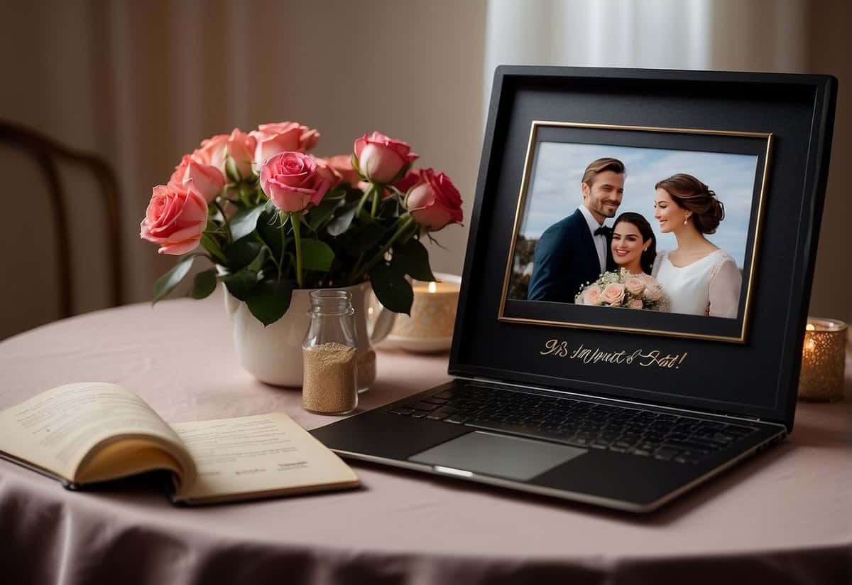 A table set for two with a bouquet of 29 roses, a photo album, and a bottle of champagne. A handwritten note with "29 years" is placed next to a framed wedding picture