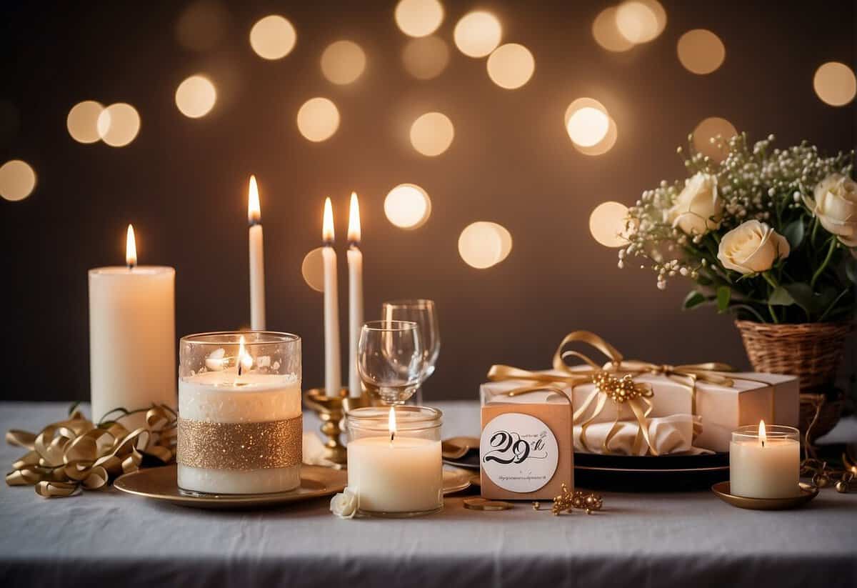 A table set with handmade anniversary gifts and decorations. A banner reading "29th Anniversary" hangs above. Flowers and candles add a romantic touch