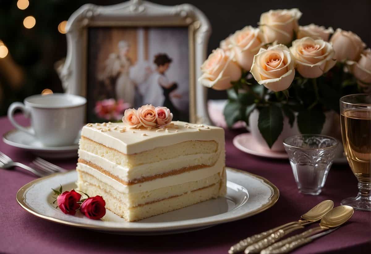 A table set with elegant dinnerware, a bouquet of roses, and a framed wedding photo. A cake with "29th Anniversary" written in frosting