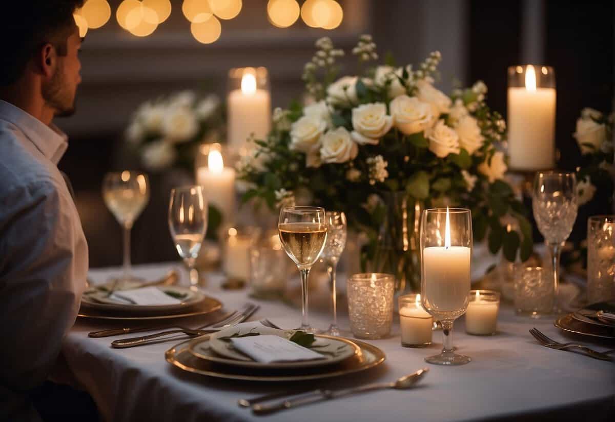 A couple sitting at a candlelit table, surrounded by photos from their wedding day. A bottle of champagne and a bouquet of flowers are placed on the table