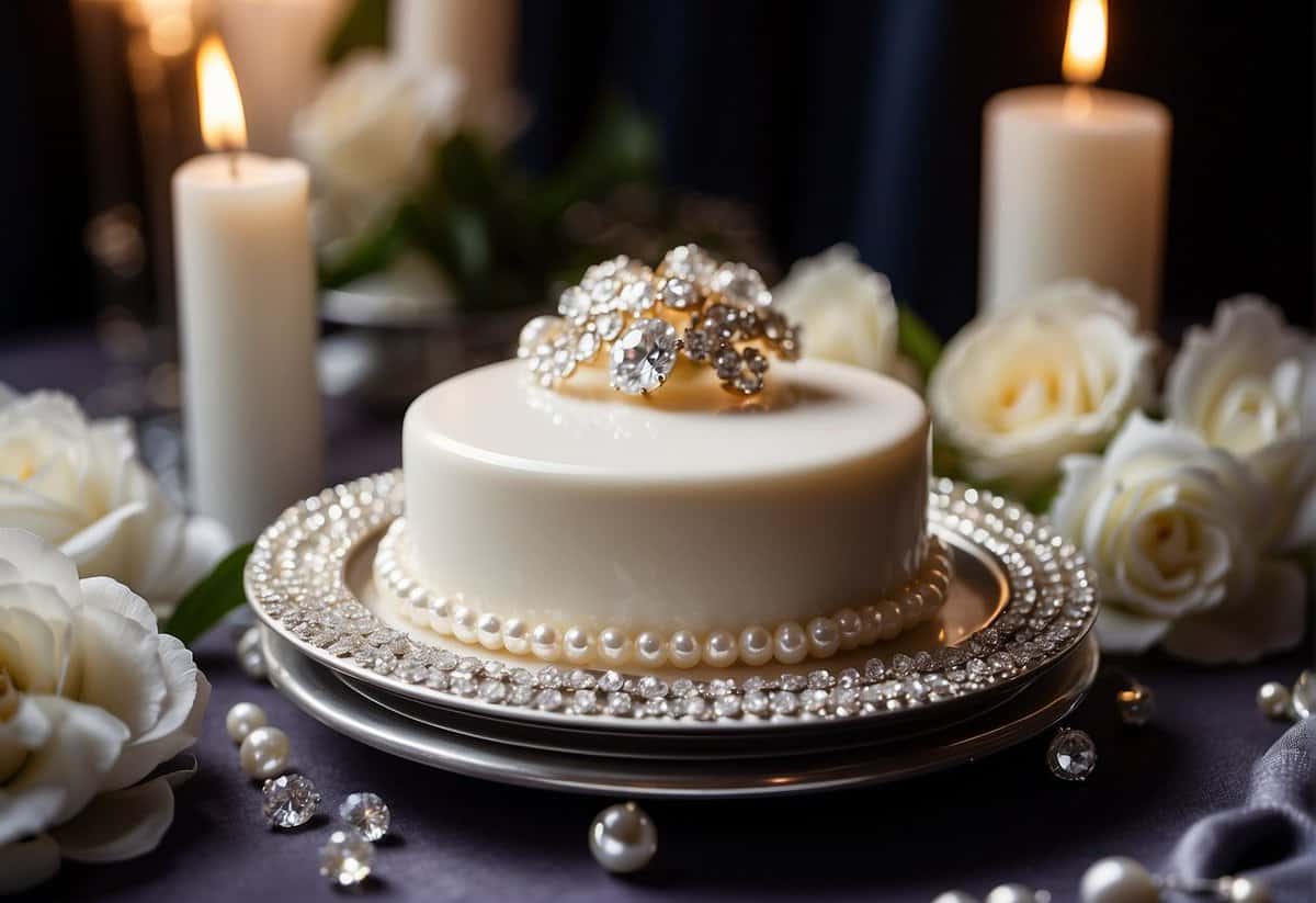 A pearl and diamond encrusted cake sits atop a silver platter, surrounded by shimmering candles and delicate floral arrangements. A glistening pearl necklace and diamond earrings adorn a velvet jewelry box nearby