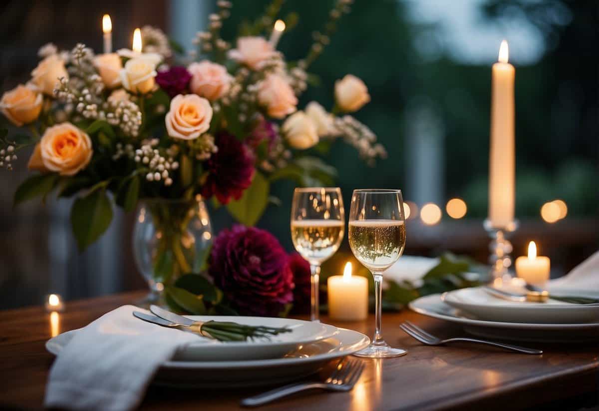 A table set with a romantic dinner, surrounded by candles and flowers. A bottle of champagne and two glasses sit ready for a toast