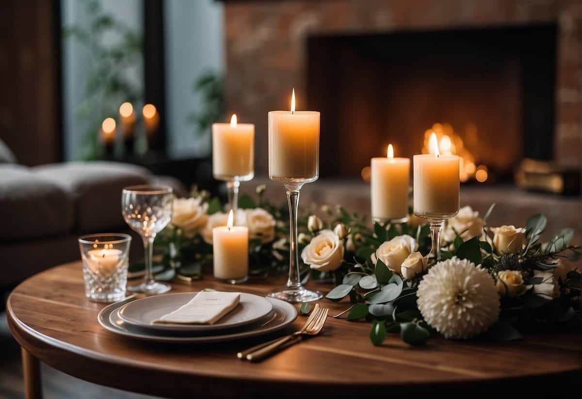 A table set with candles, champagne, and a bouquet of flowers. A cozy fireplace and soft music in the background