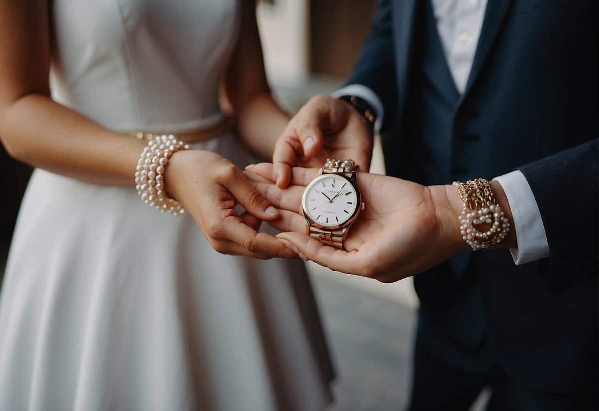 A couple exchanging a traditional pearl necklace and a modern timepiece as gifts for their 31st wedding anniversary