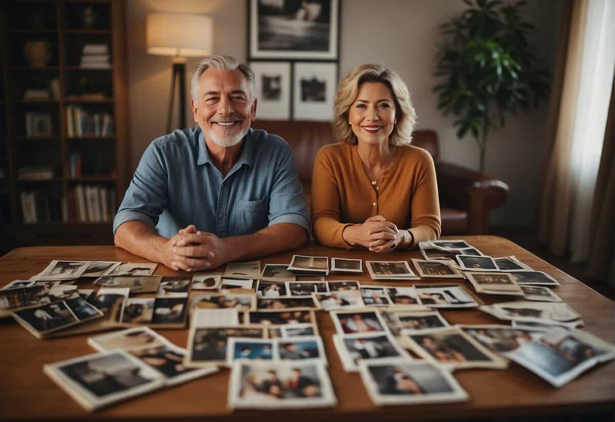 A couple stands in a cozy living room, surrounded by photos and mementos from their 31 years together. They are carefully selecting the perfect gift for each other, filled with love and nostalgia