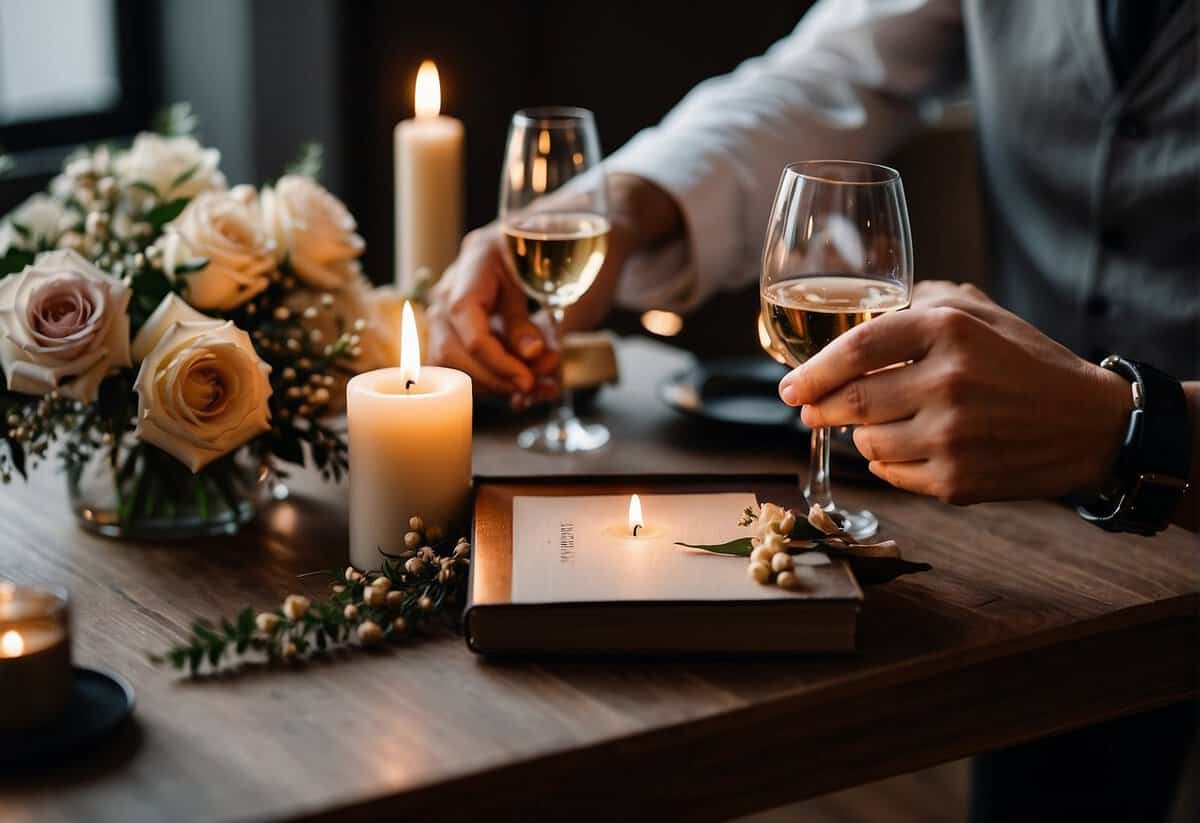 A couple's hands holding a photo album, surrounded by flowers and candles, with a bottle of champagne and two glasses on a table