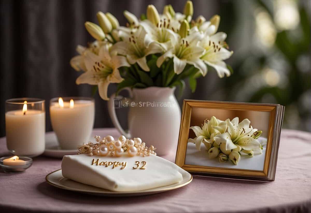 A table set with a bouquet of lilies, a pair of pearl earrings, and a framed photo album. A cake with "Happy 32nd Anniversary" written in frosting