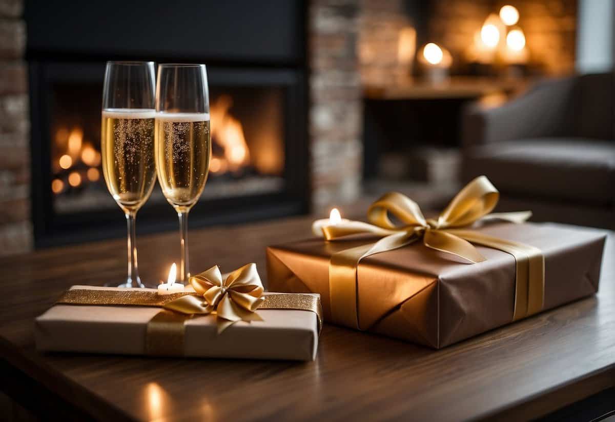 A cozy living room with a crackling fireplace, two champagne glasses on a coffee table, and a beautifully wrapped gift box with a ribbon