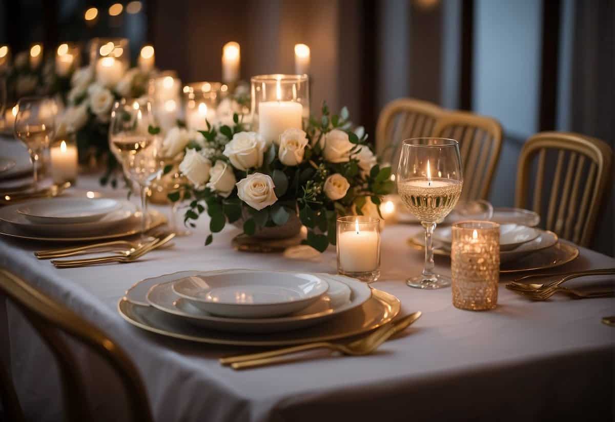 A romantic dinner setting with elegant tableware and candles, surrounded by beautiful floral arrangements and soft ambient lighting