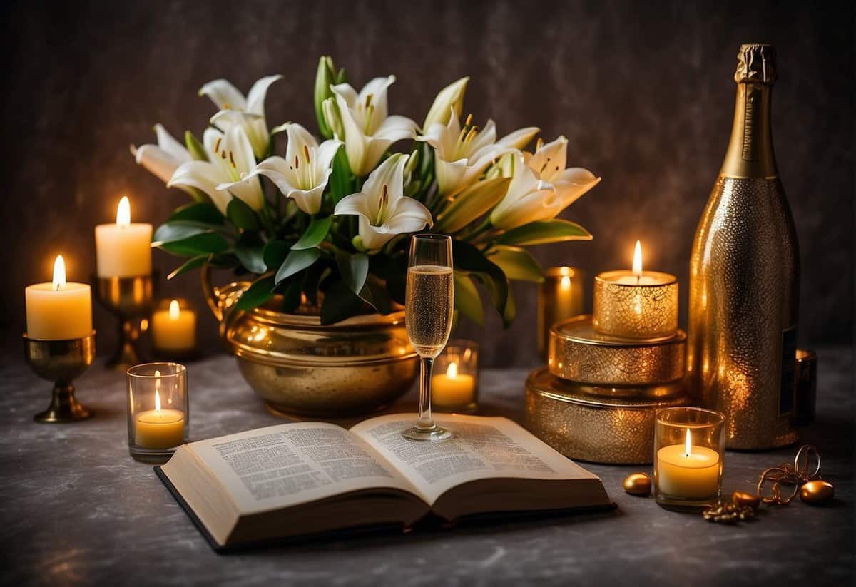 A table set with a bouquet of lilies, a bottle of champagne, and a photo album, surrounded by 32 lit candles