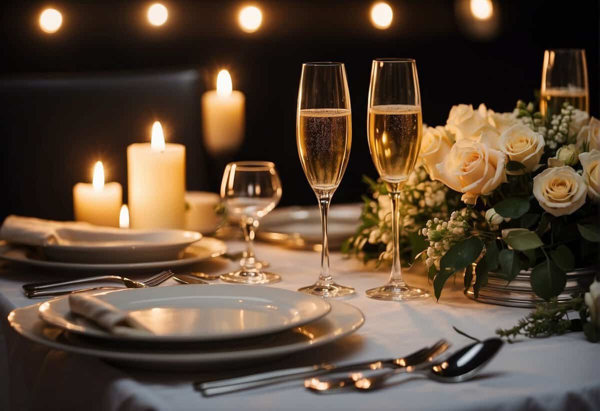A romantic dinner table set with candles, flowers, and champagne. A photo album and love letters scattered around