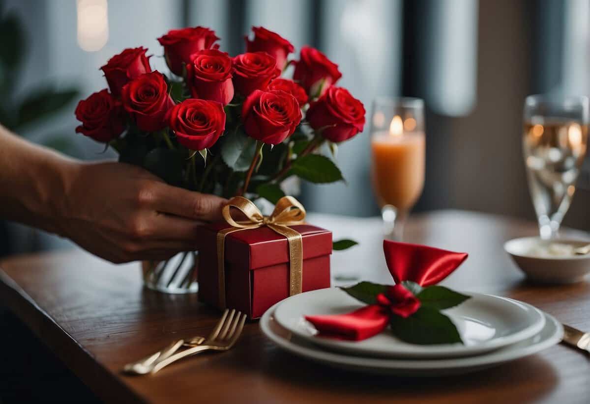 A couple's hands holding a bouquet of red roses and a small gift box, with a table set for a romantic dinner in the background