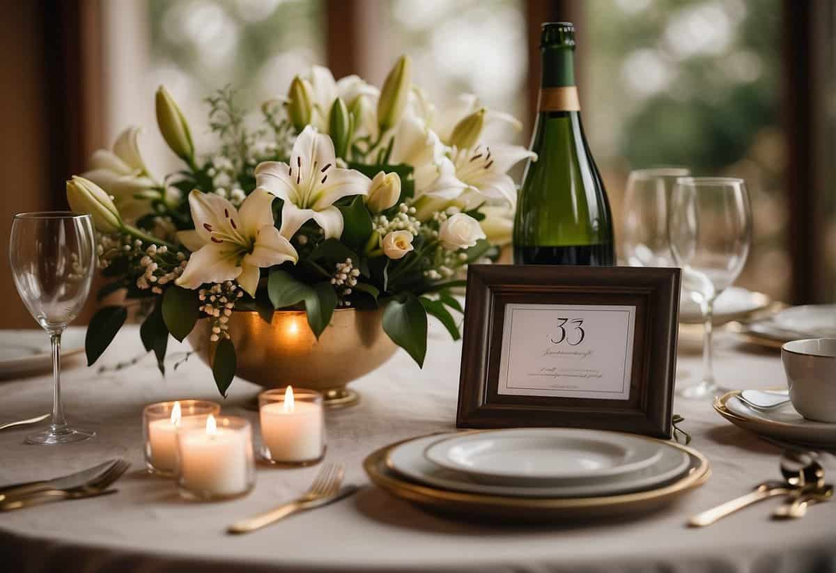 A table set for two with a bouquet of lilies, a bottle of champagne, and a framed wedding photo. A cake with "33" topper and a card expressing love and gratitude