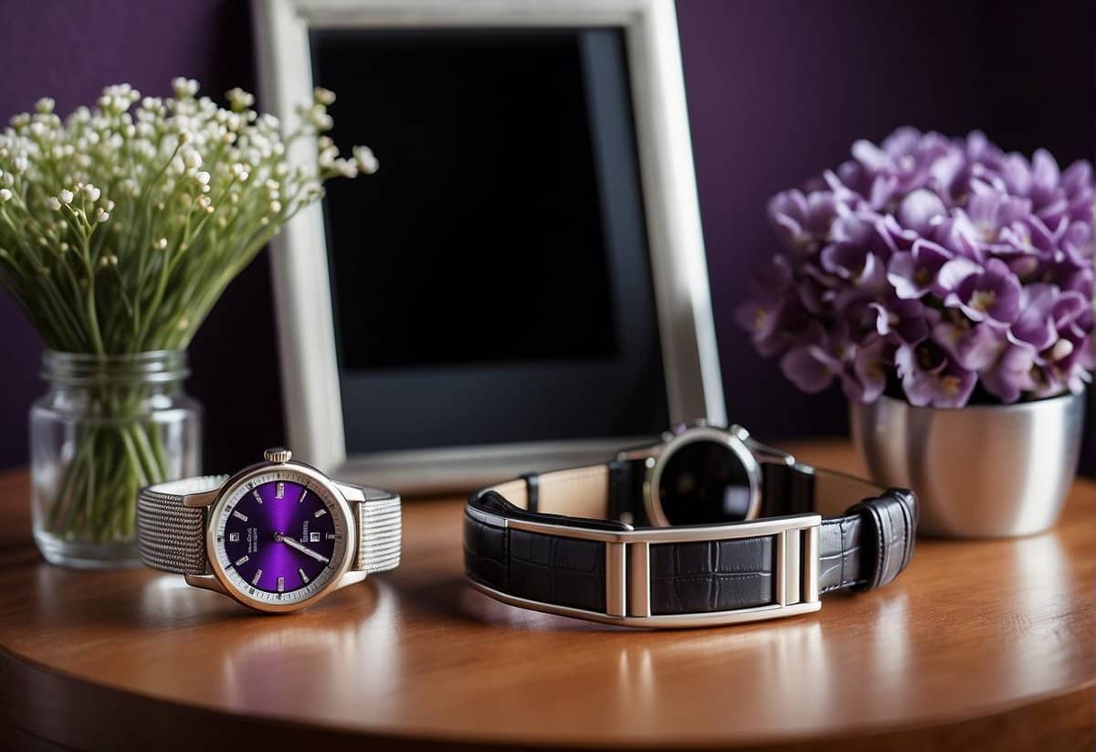 A table with a mix of traditional and modern gifts: a bouquet of amethyst flowers, a silver picture frame, and a smartwatch