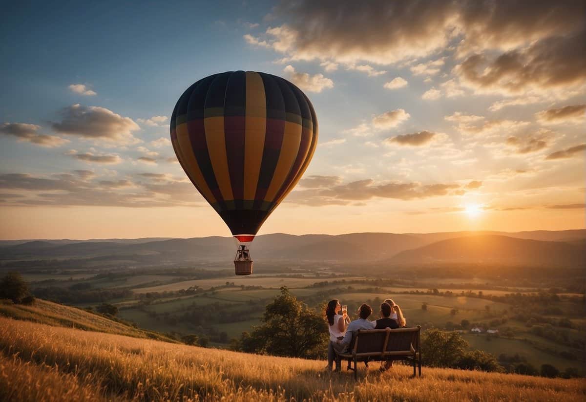 A couple enjoying a hot air balloon ride at sunset, toasting with champagne over a scenic landscape