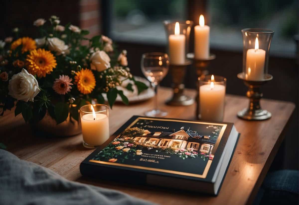 A couple's hands holding a photo album, surrounded by flowers and a candlelit dinner table