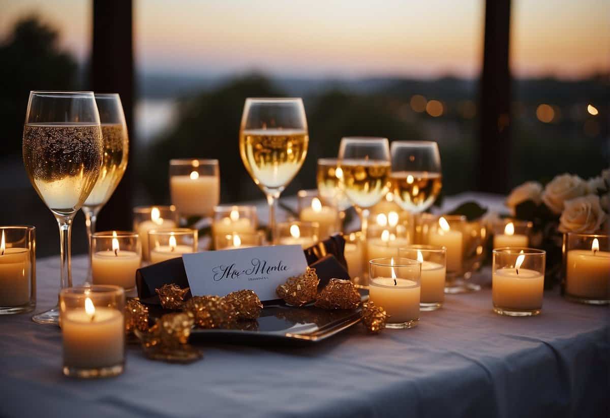 A table adorned with 34 candles, surrounded by photos capturing 34 years of love and memories. A bottle of champagne and two glasses stand ready for a toast