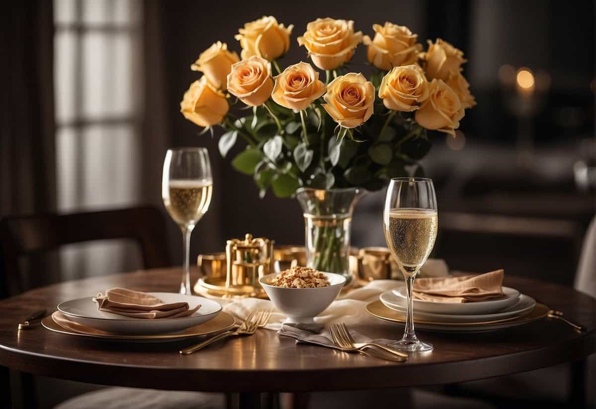 A table set with elegant dinnerware, a bouquet of roses, and a bottle of champagne. A banner reading "Happy 34th Anniversary" hangs on the wall