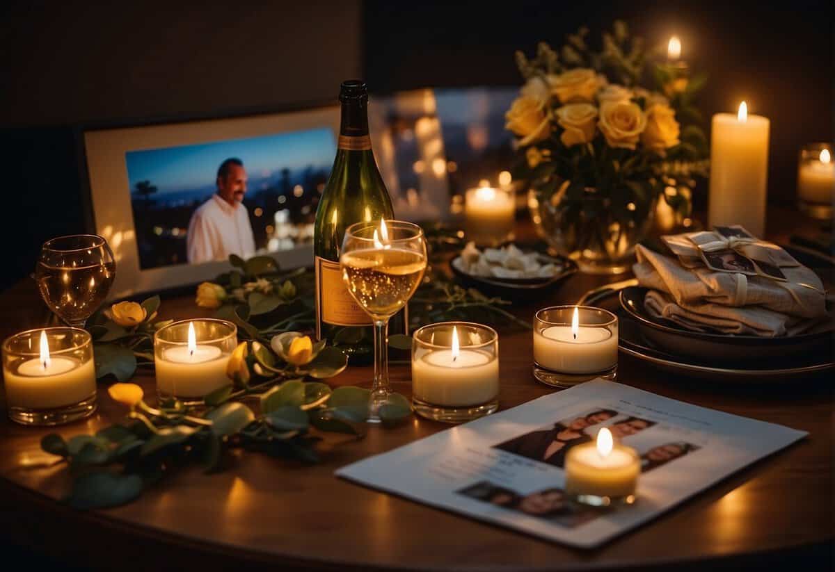 A couple sitting at a candlelit table, surrounded by photos and mementos of their 34 years together. A bottle of champagne and a personalized anniversary gift are displayed on the table