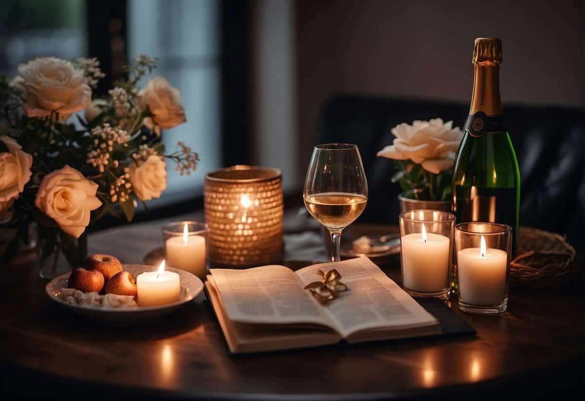 A cozy table set with candles and flowers, a photo album open to nostalgic memories, and a bottle of champagne chilling in a bucket