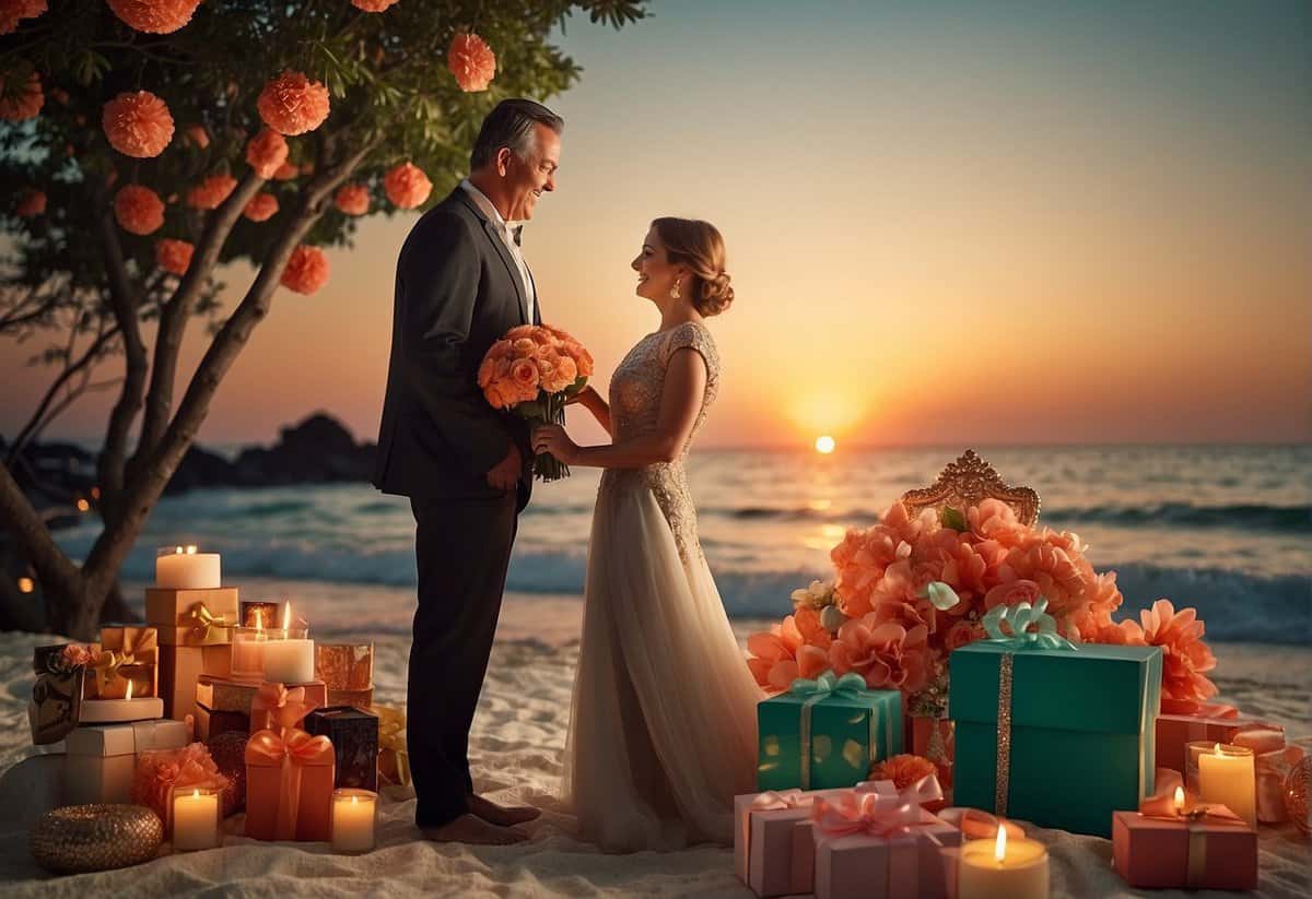 A couple celebrating their 35th wedding anniversary, surrounded by traditional coral and jade gifts, with a backdrop of a romantic sunset