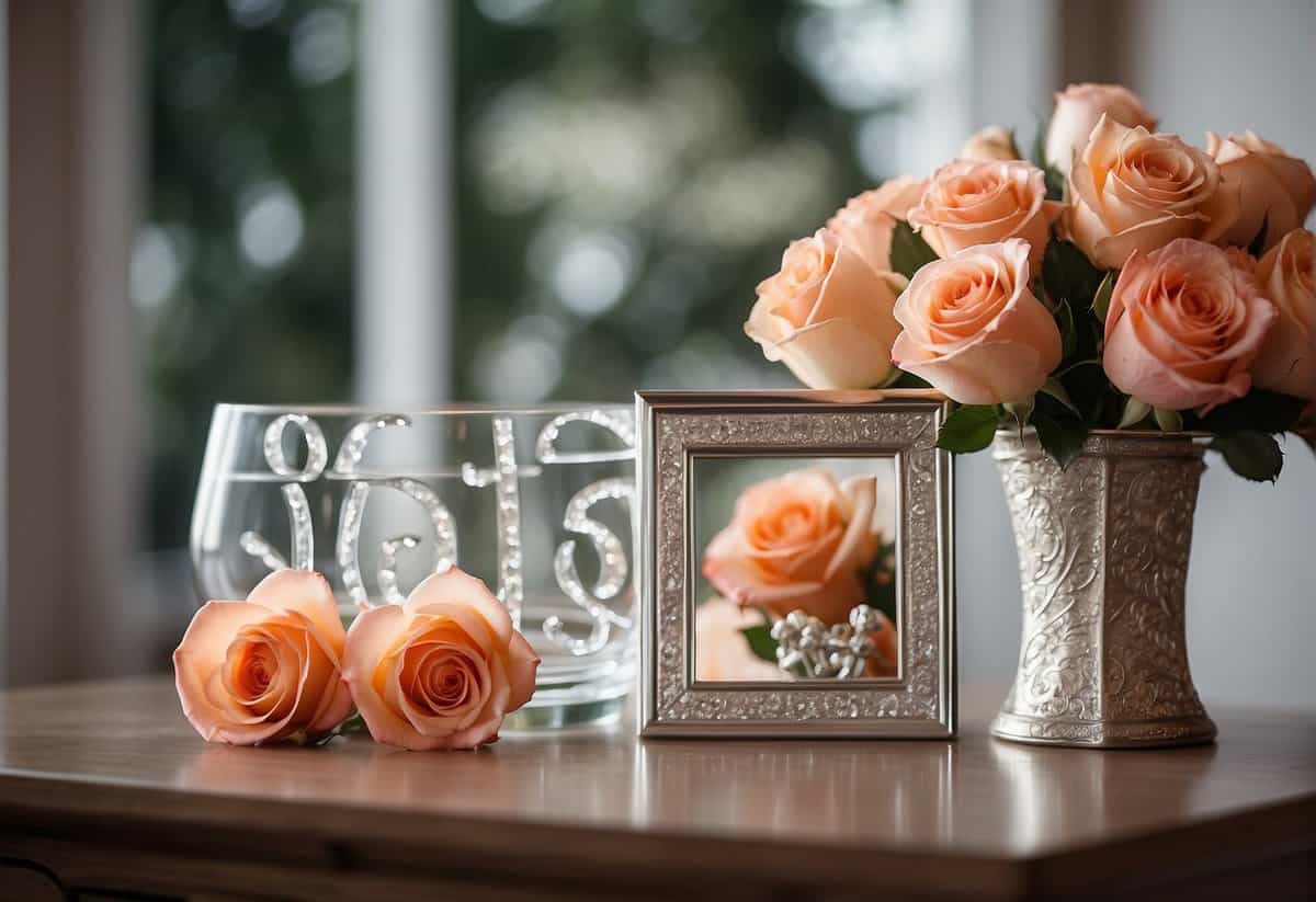 A table adorned with elegant 35th anniversary gifts, including a crystal vase, silver picture frame, and a bouquet of coral roses