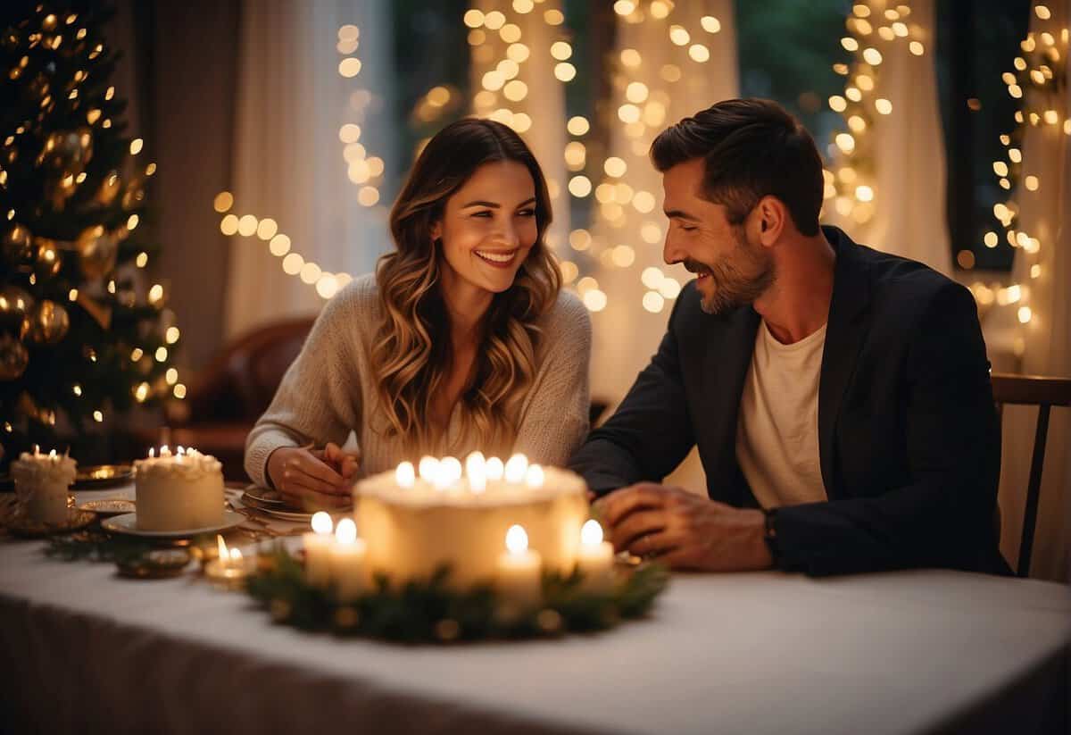 A couple sits at a table adorned with handmade decorations, surrounded by personalized gifts and a custom-made anniversary cake. The room is filled with the warm glow of fairy lights and the sound of laughter