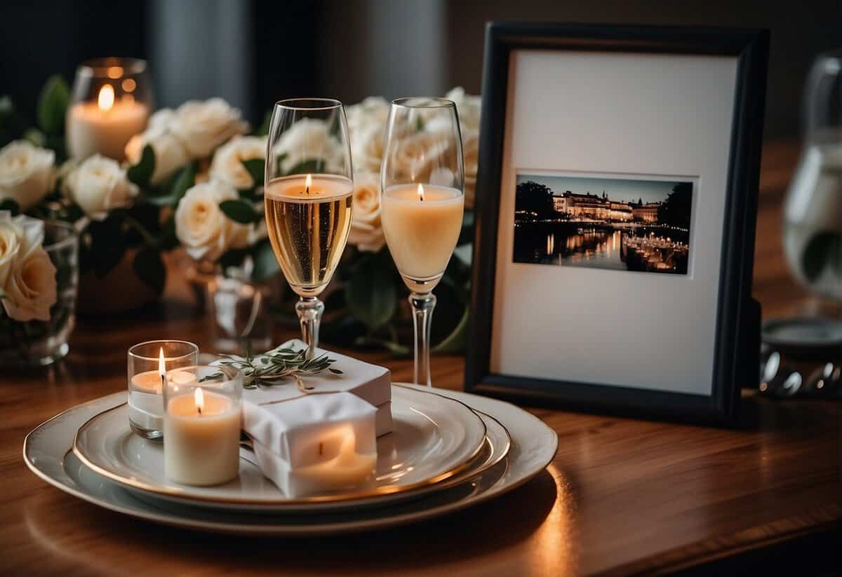 A table set with candles, champagne, and a bouquet. A framed wedding photo and a handwritten card sit alongside