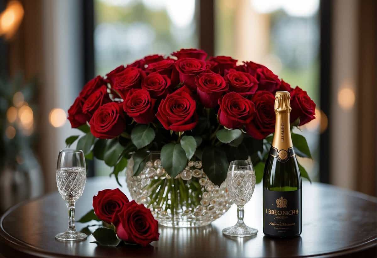 A couple's names engraved on a beautiful crystal vase, surrounded by a bouquet of red roses and a bottle of champagne