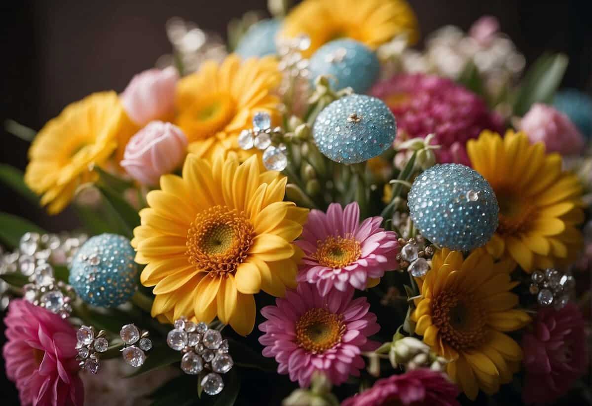 A bouquet of vibrant flowers surrounded by sparkling gemstones, representing the 36th wedding anniversary