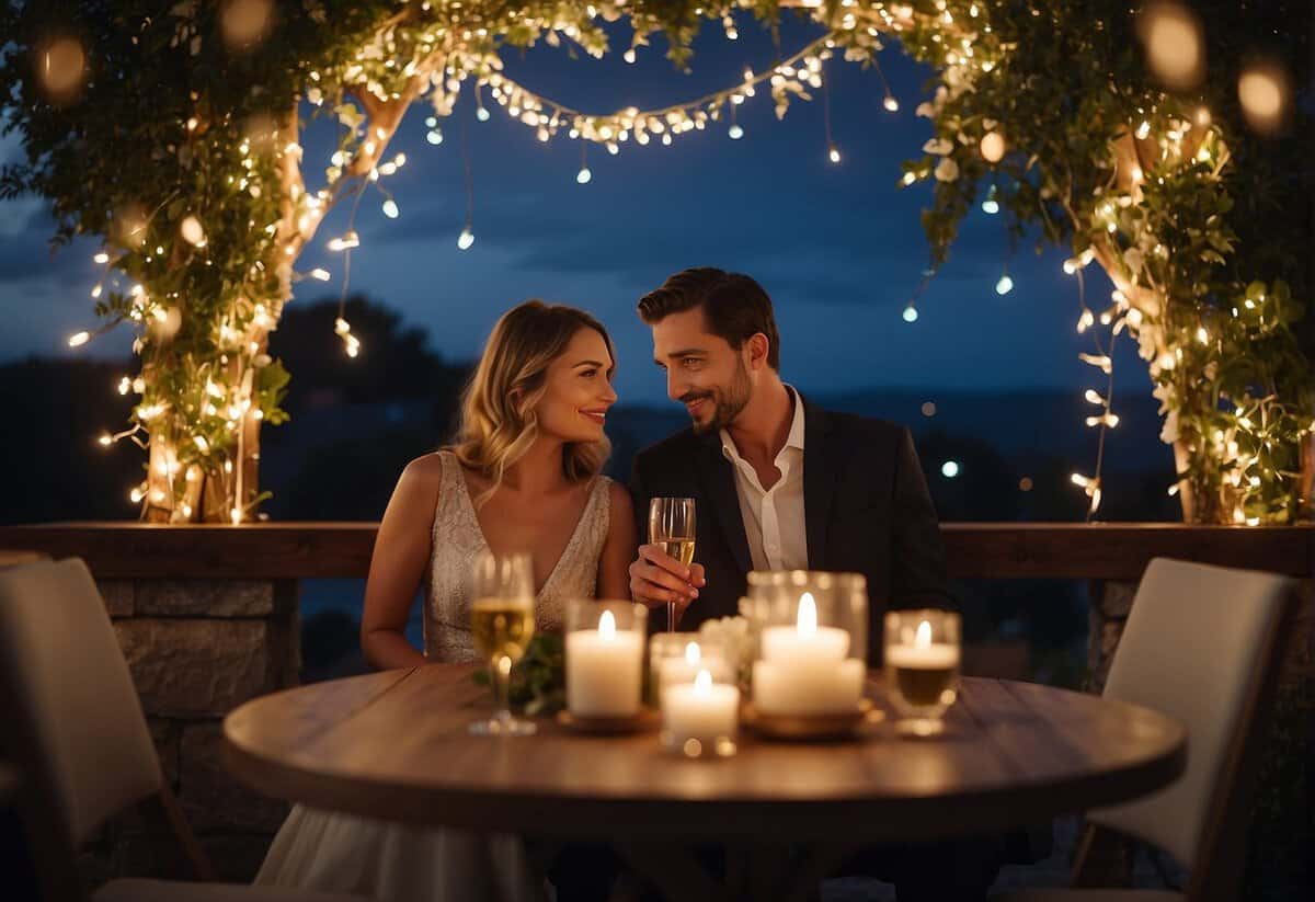A couple sitting at a beautifully set outdoor table with candles, flowers, and champagne, surrounded by fairy lights and a romantic ambiance
