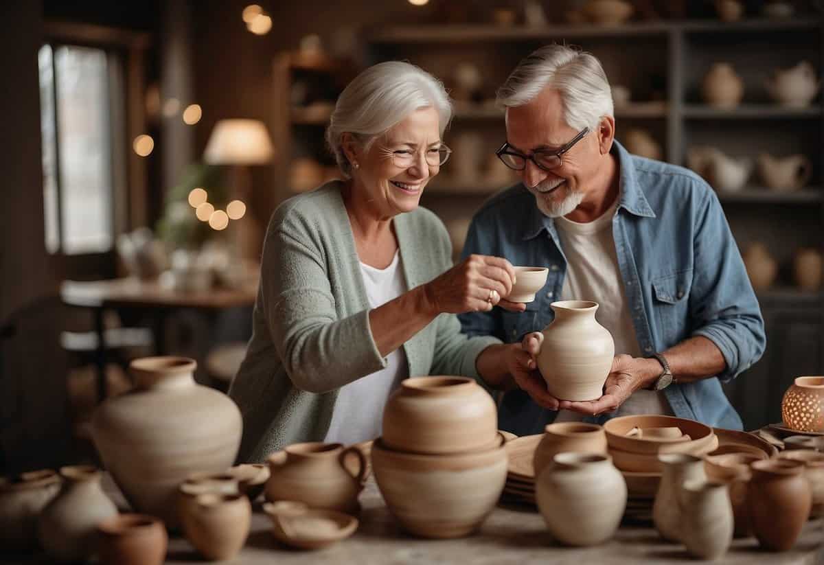 A couple exchanging traditional pottery and modern alabaster gifts for their 37th wedding anniversary