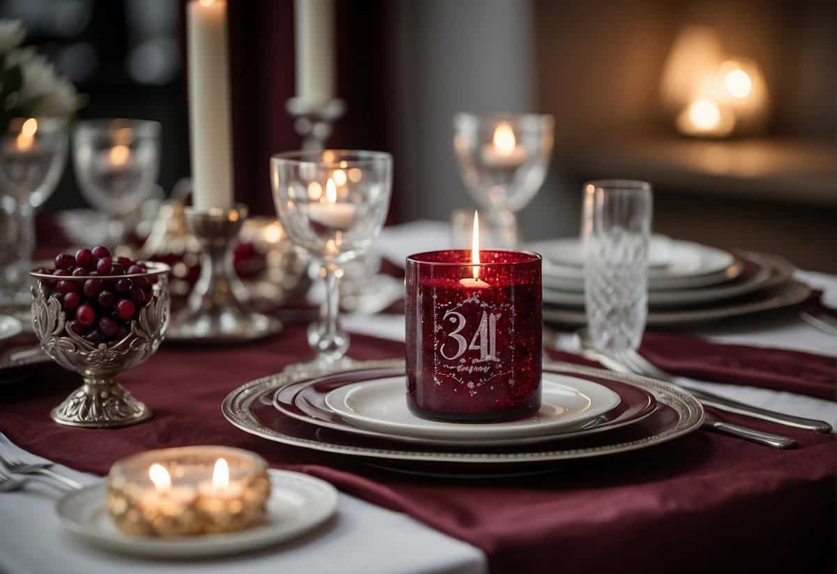 A table set with silver and burgundy accents, surrounded by photos and candles. A banner reading "37 years of love" hangs in the background