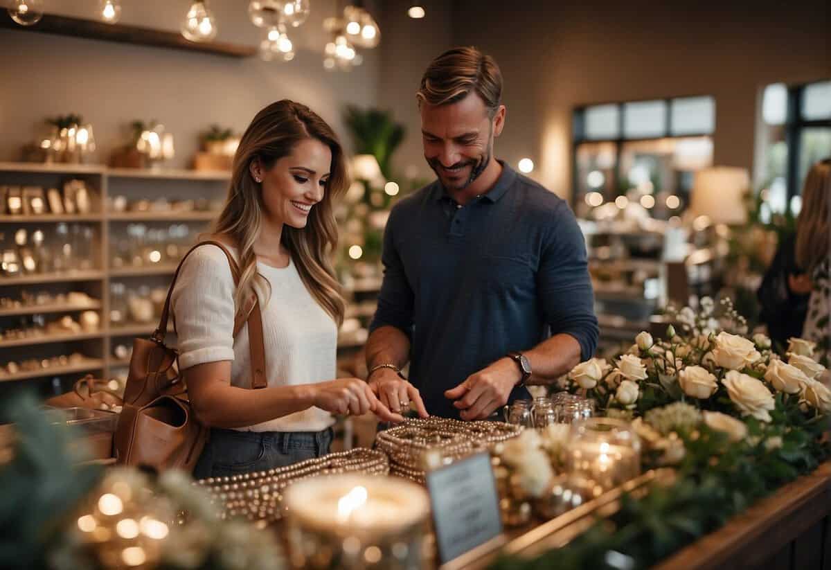 A couple browsing through a variety of gift options, including jewelry, flowers, and personalized items, while a helpful salesperson assists them