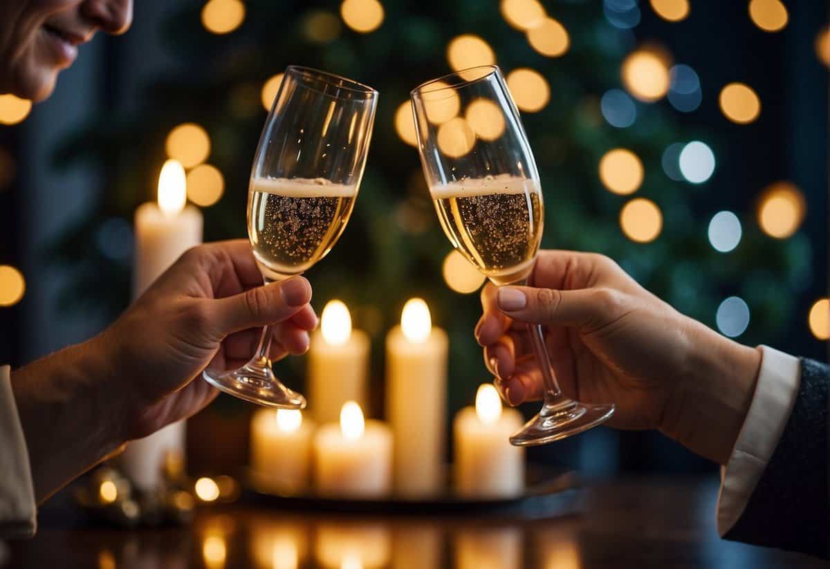 A couple's hands exchanging gifts and toasting champagne in a cozy, candlelit setting for their 38th wedding anniversary celebration