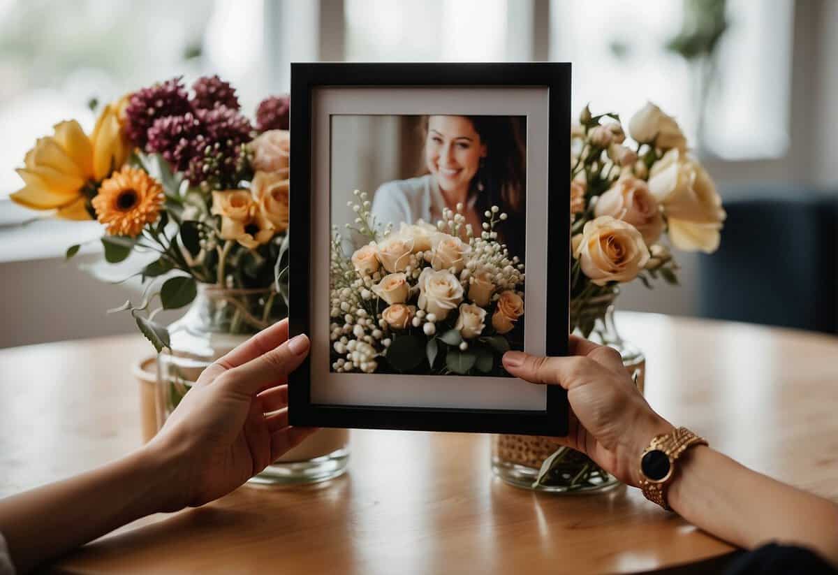 A couple's hands exchanging gifts, with a framed wedding photo in the background and a vase of flowers on a table
