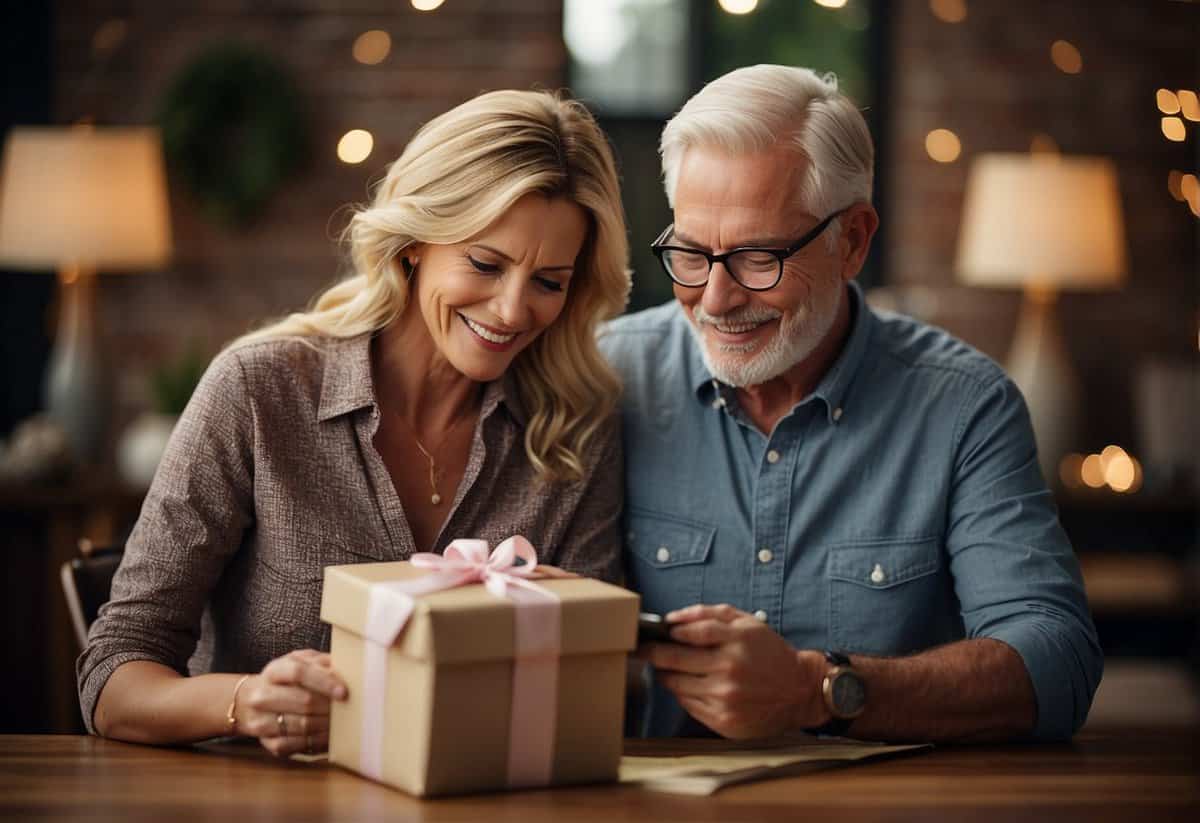 A couple compares prices and makes a list of potential gifts for their 38th wedding anniversary, focusing on budget-friendly options
