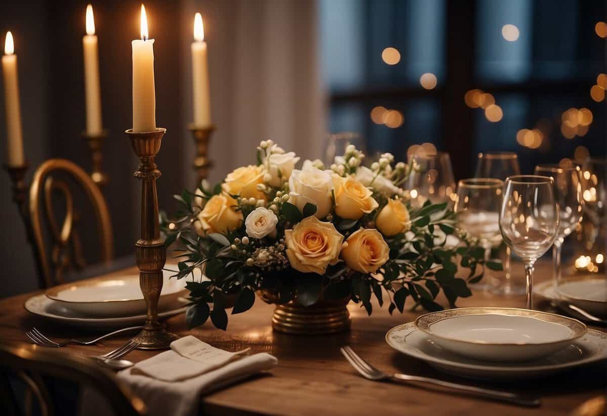 A festive table set with elegant dinnerware, a bouquet of flowers, and a bottle of champagne. Candles flicker, casting a warm glow over the scene