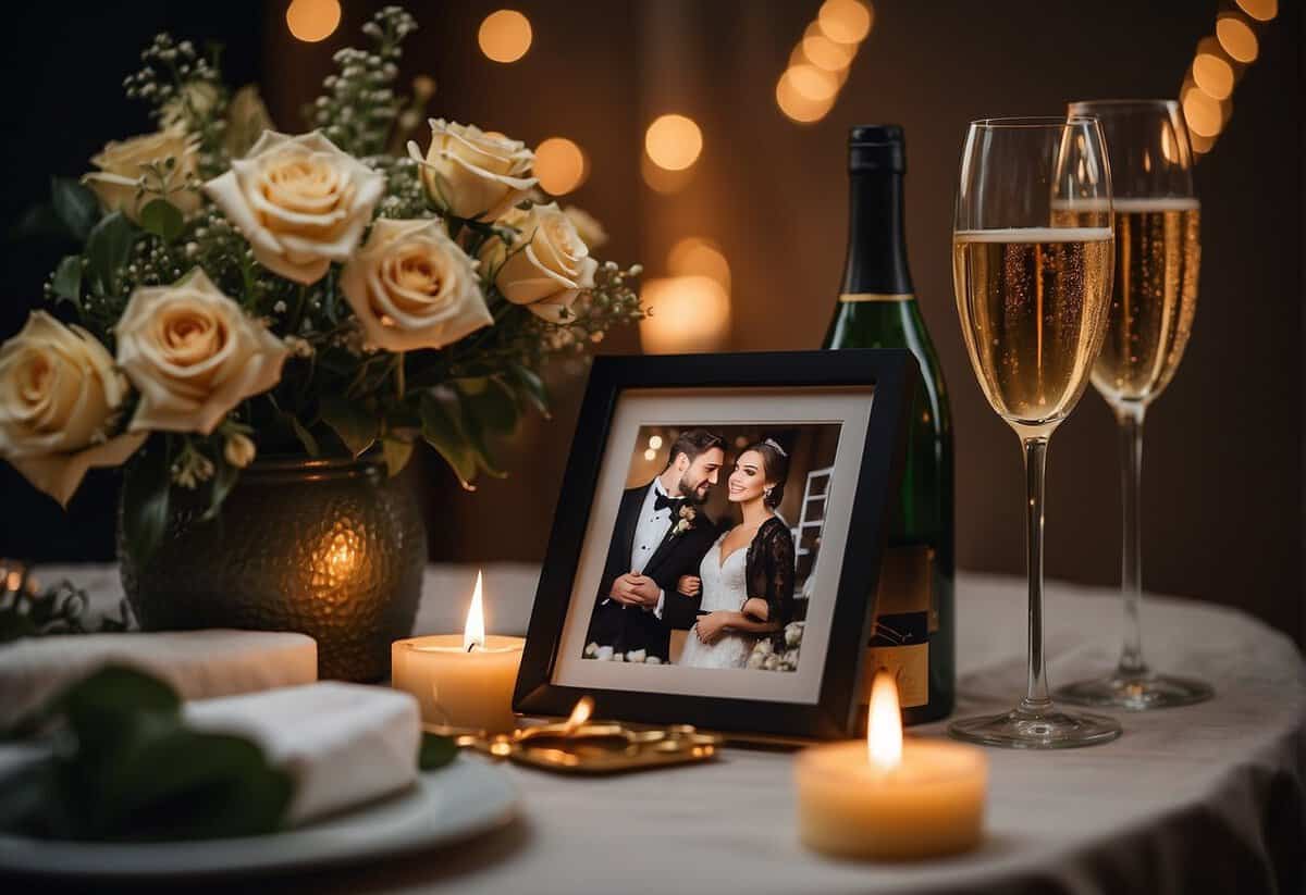 A couple sitting at a candlelit table with a bouquet of flowers and a bottle of champagne, surrounded by framed photos of their wedding day