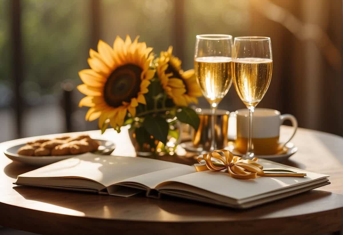 A table set for two with a bouquet of sunflowers, a bottle of champagne, and a photo album. The room is filled with warm, golden light, creating a cozy and intimate atmosphere for the couple's 39th anniversary celebration